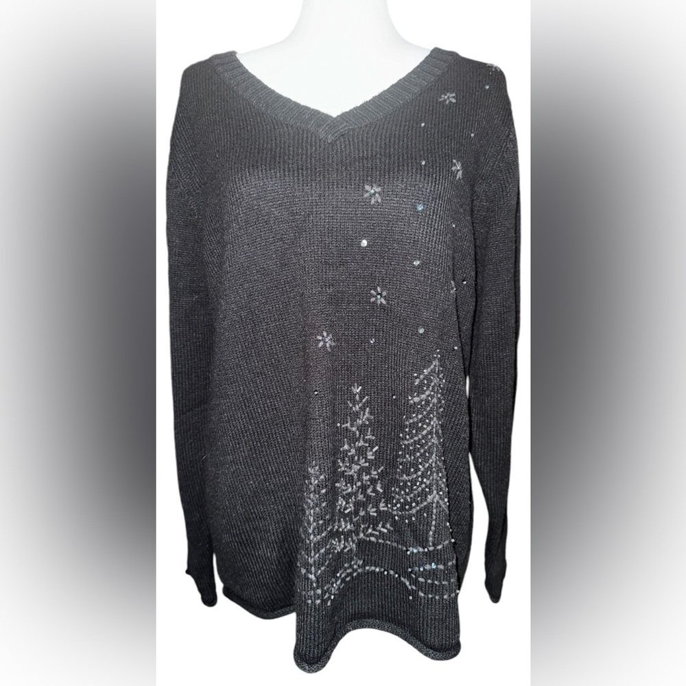 Black V-Neck Sweater with Winter Tree Design - Picture 3 of 13